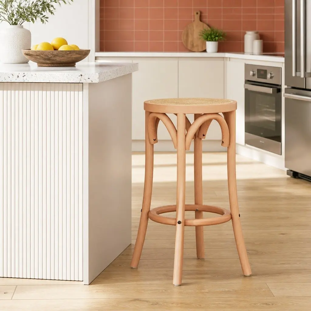 Bar Stool Rattan Seat Pine Wooden Frame 65cm Kitchen Dining Chair Footrest Anti-slip