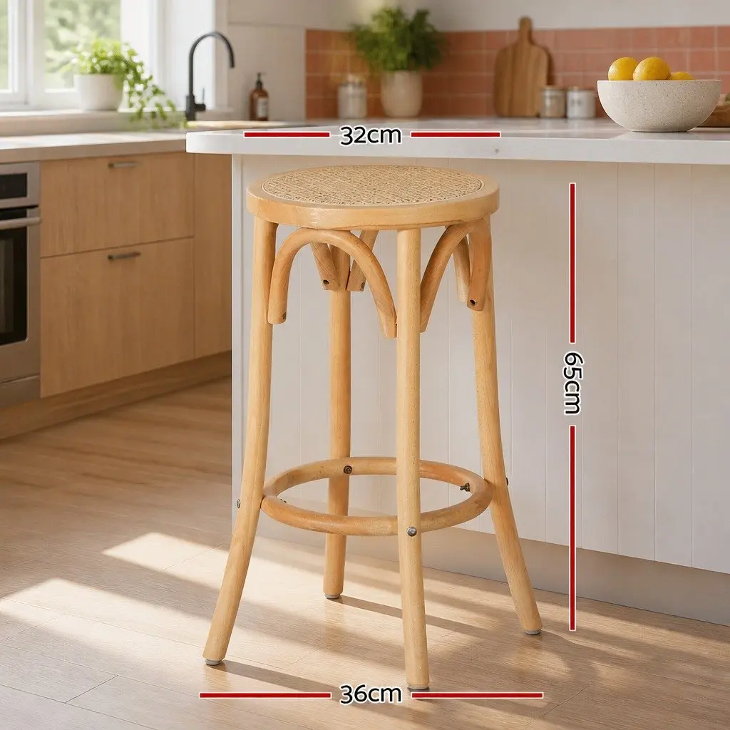 Bar Stool Rattan Seat Pine Wooden Frame 65cm Kitchen Dining Chair Footrest Anti-slip