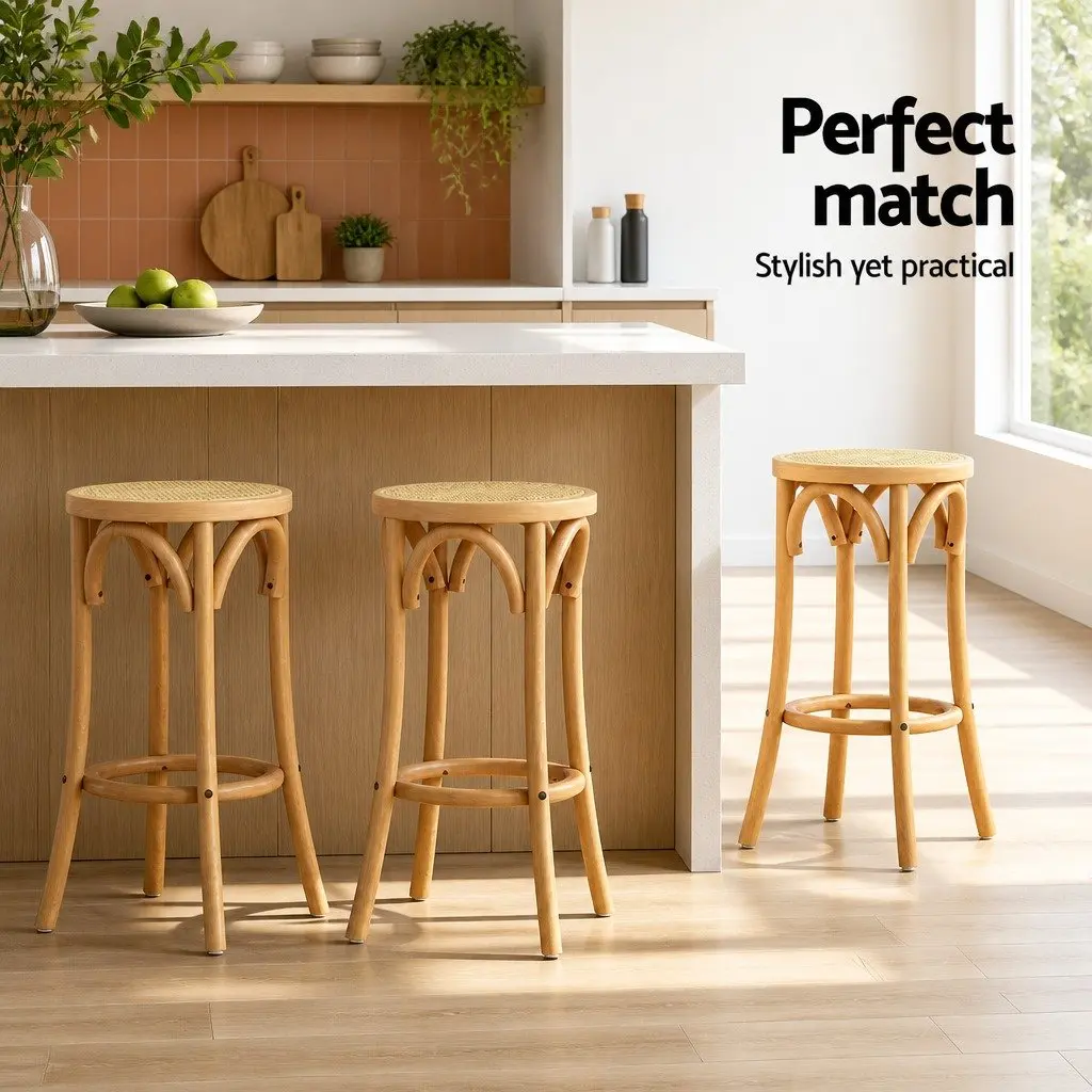 Bar Stool Rattan Seat Pine Wooden Frame 65cm Kitchen Dining Chair Footrest Anti-slip