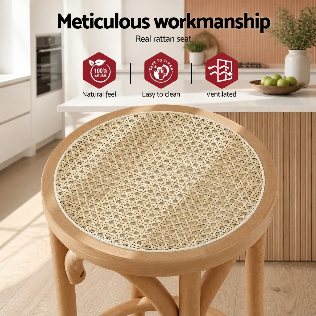 Bar Stool Rattan Seat Pine Wooden Frame 65cm Kitchen Dining Chair Footrest Anti-slip
