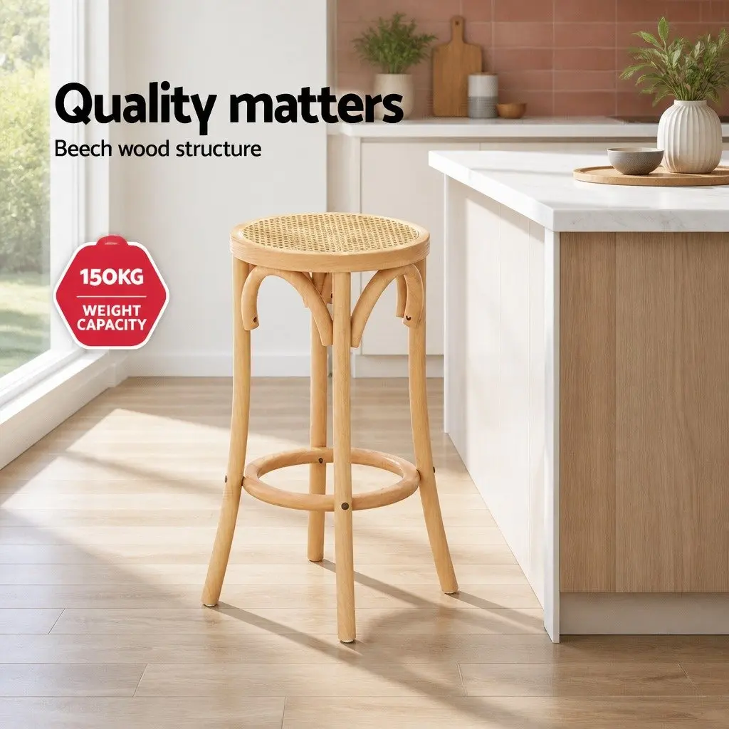 Bar Stool Rattan Seat Pine Wooden Frame 65cm Kitchen Dining Chair Footrest Anti-slip