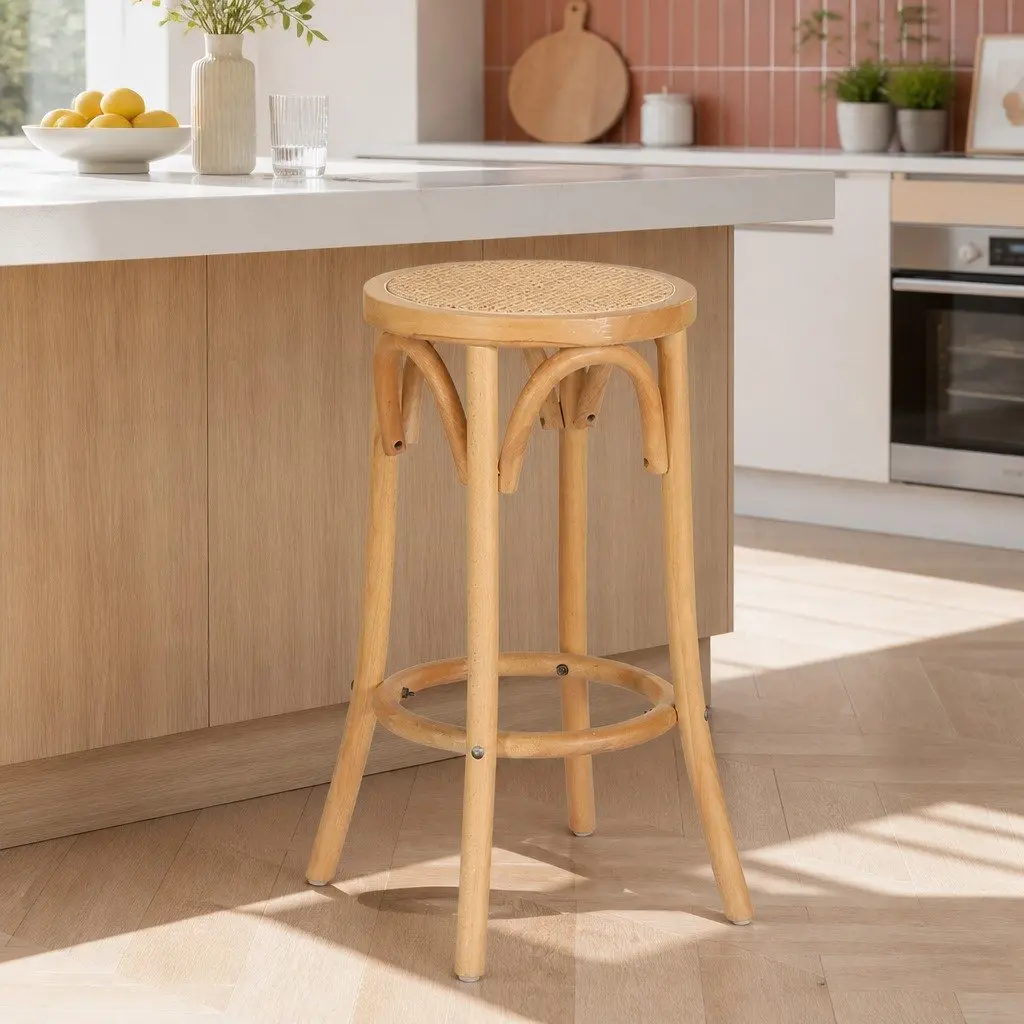 Bar Stool Rattan Seat Pine Wooden Frame 65cm Kitchen Dining Chair Footrest Anti-slip