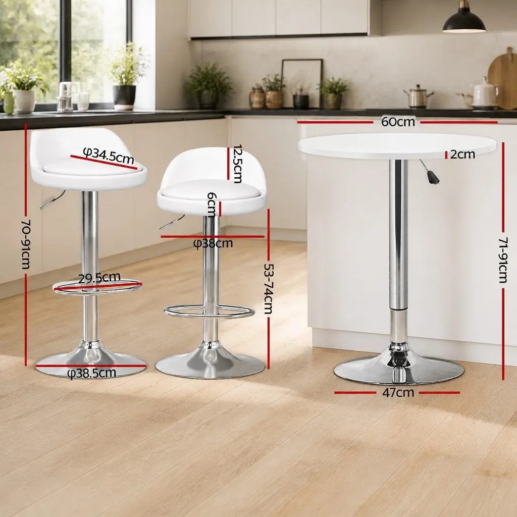 Bar Table and Stools Set White Contemporary Height Adjustable MDF Steel PU Leather