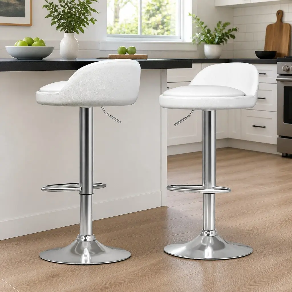 Bar Table and Stools Set White Contemporary Height Adjustable MDF Steel PU Leather
