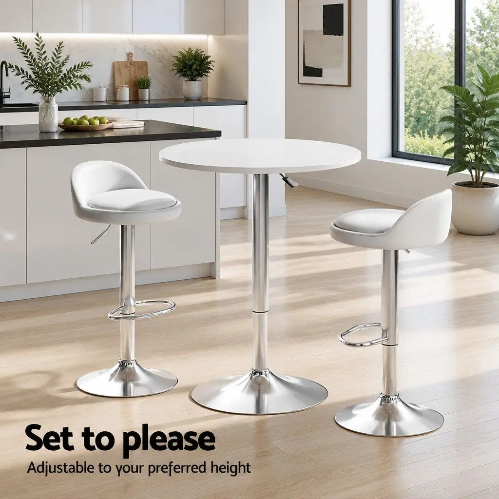 Bar Table and Stools Set White Contemporary Height Adjustable MDF Steel PU Leather