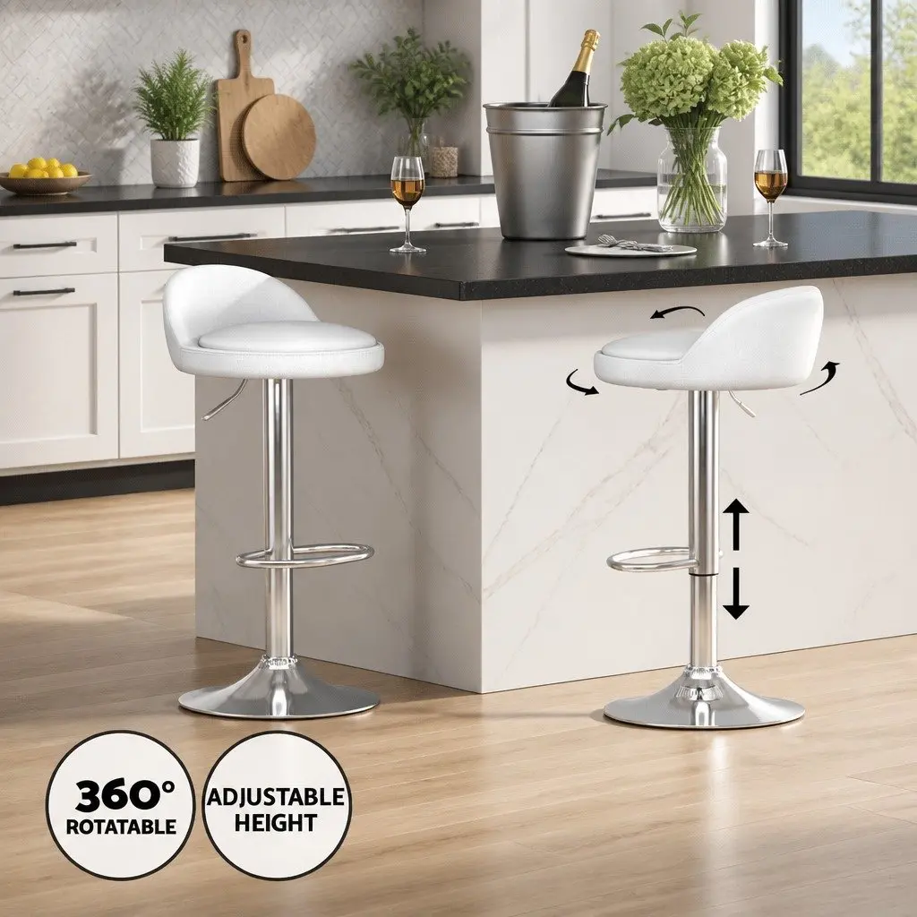 Bar Table and Stools Set White Contemporary Height Adjustable MDF Steel PU Leather
