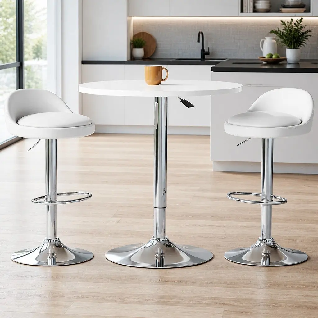 Bar Table and Stools Set White Contemporary Height Adjustable MDF Steel PU Leather