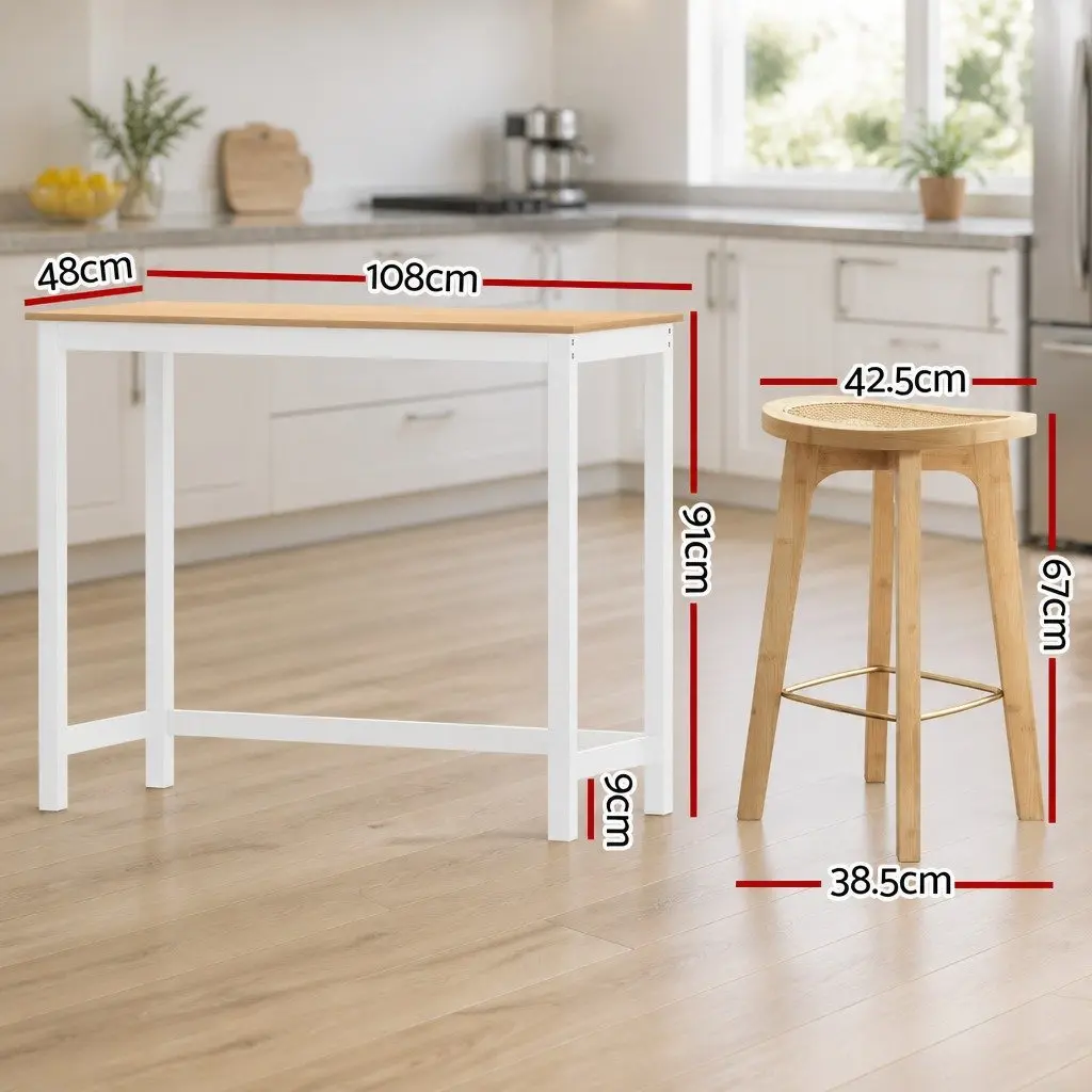 Bar Table and Stools Set Natural Finish MDF Pinewood Bamboo Rattan 9 Piece