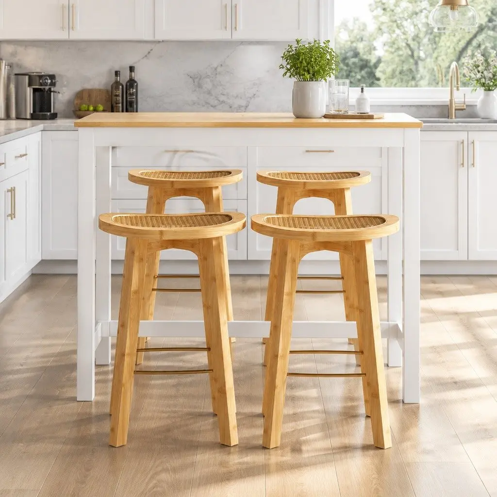 Bar Table and Stools Set Natural Finish MDF Pinewood Bamboo Rattan 9 Piece
