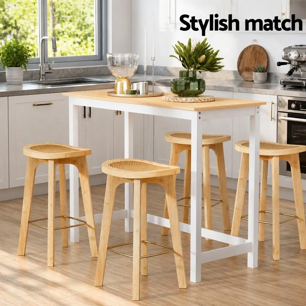 Bar Table and Stools Set Natural Finish MDF Pinewood Bamboo Rattan 9 Piece
