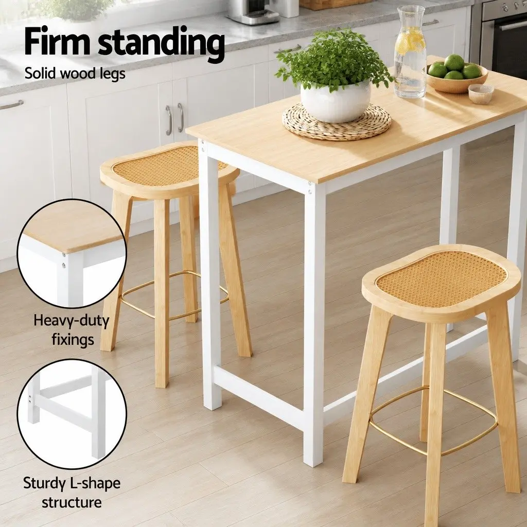 Bar Table and Stools Set Natural Finish MDF Pinewood Bamboo Rattan 9 Piece