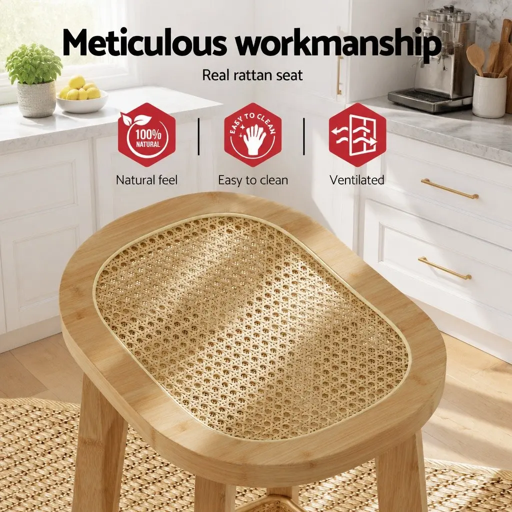 Bar Table and Stools Set Natural Finish MDF Pinewood Bamboo Rattan 9 Piece