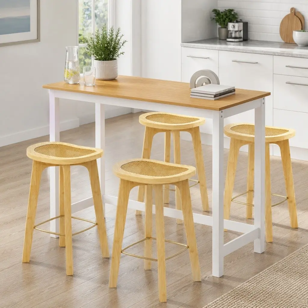 Bar Table and Stools Set Natural Finish MDF Pinewood Bamboo Rattan 9 Piece