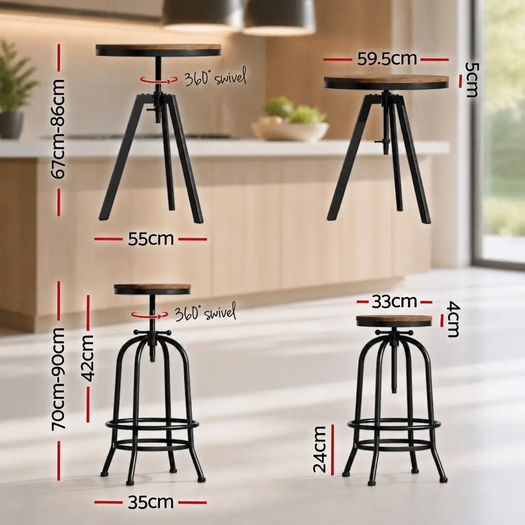 Bar Table Stools Set Adjustable Swivel Industrial Kitchen Chairs Cafe Pub Dining