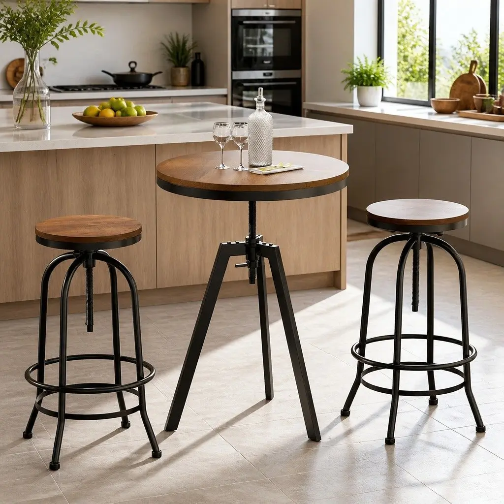 Bar Table Stools Set Adjustable Swivel Industrial Kitchen Chairs Cafe Pub Dining