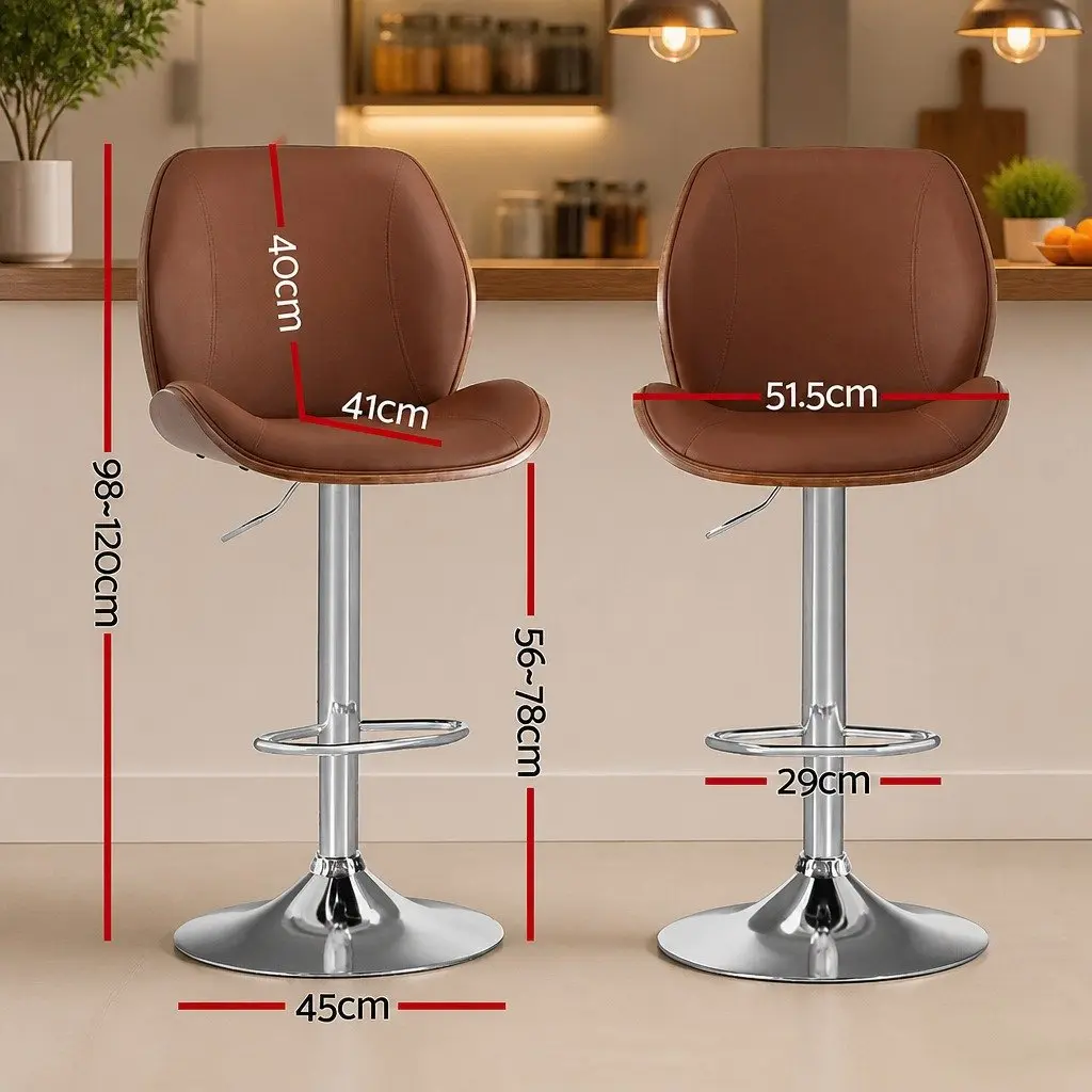 Bar Stools Brown PU Leather Adjustable Height Bentwood Backrest Metal Frame Set of 2