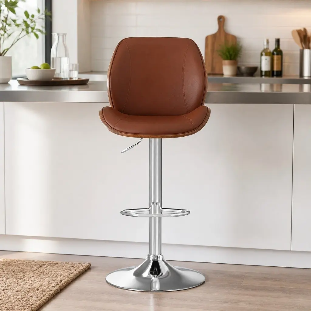 Bar Stools Brown PU Leather Adjustable Height Bentwood Backrest Metal Frame Set of 2