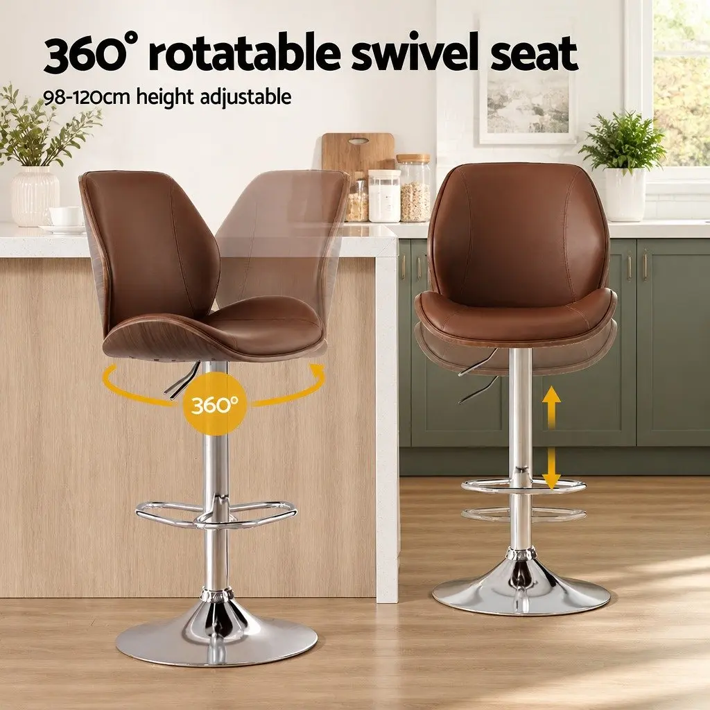 Bar Stools Brown PU Leather Adjustable Height Bentwood Backrest Metal Frame Set of 2
