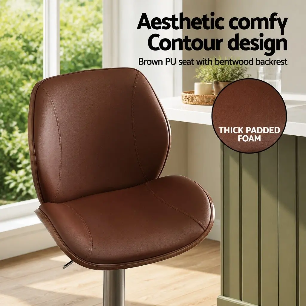 Bar Stools Brown PU Leather Adjustable Height Bentwood Backrest Metal Frame Set of 2