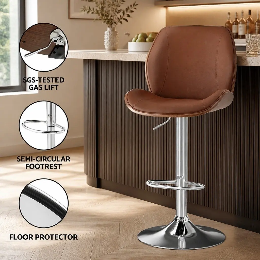 Bar Stools Brown PU Leather Adjustable Height Bentwood Backrest Metal Frame Set of 2