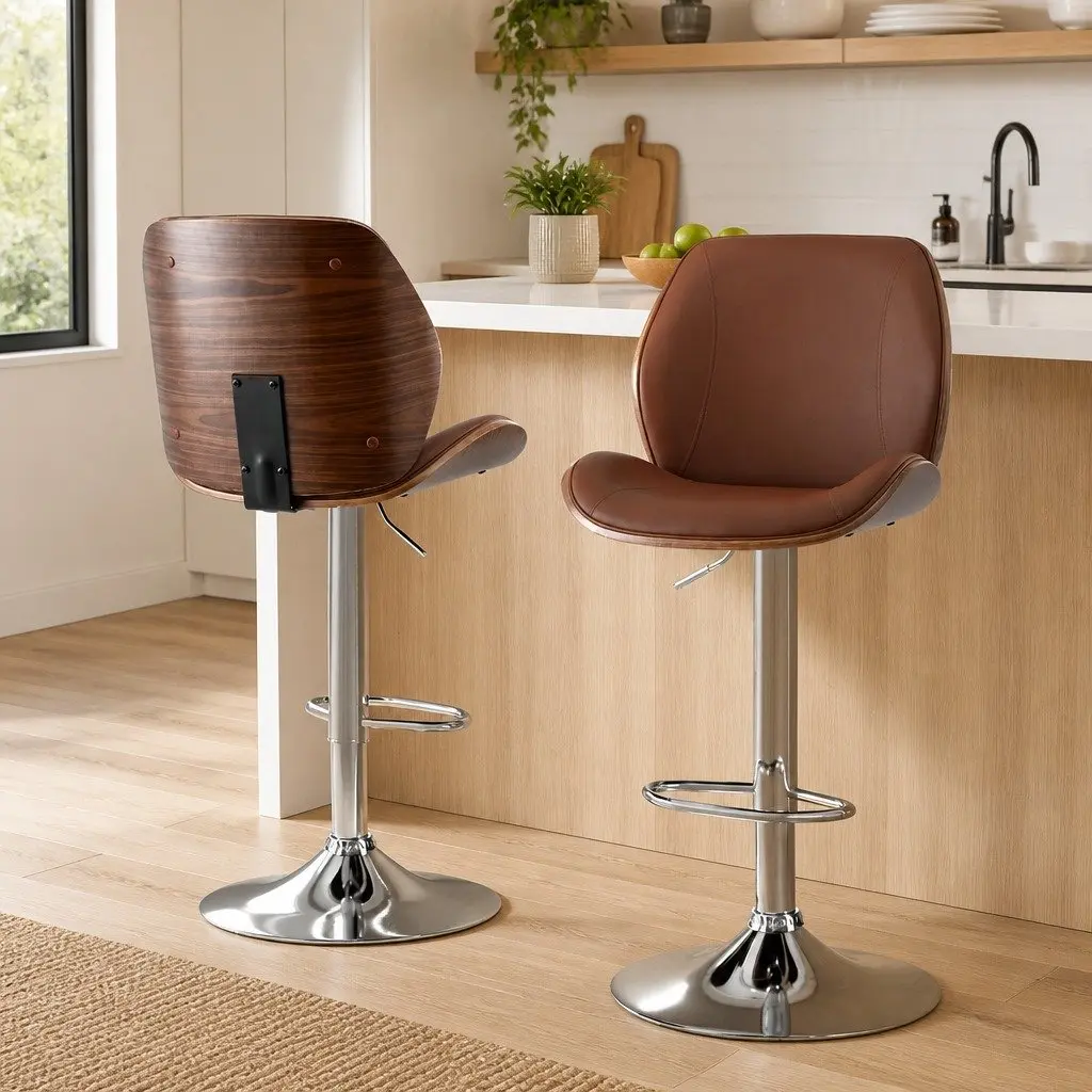 Bar Stools Brown PU Leather Adjustable Height Bentwood Backrest Metal Frame Set of 2