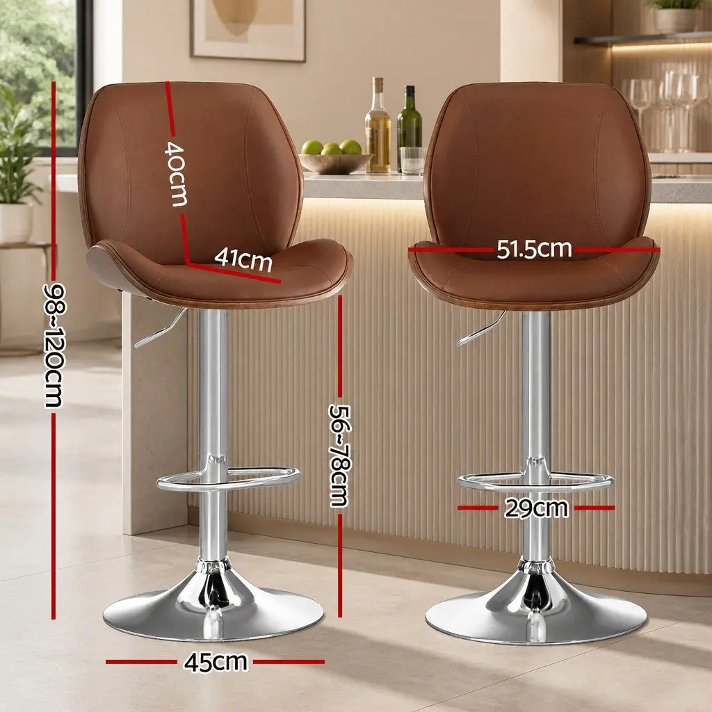 Bar Stools Bentwood Adjustable Height Brown PU Leather Set of 4