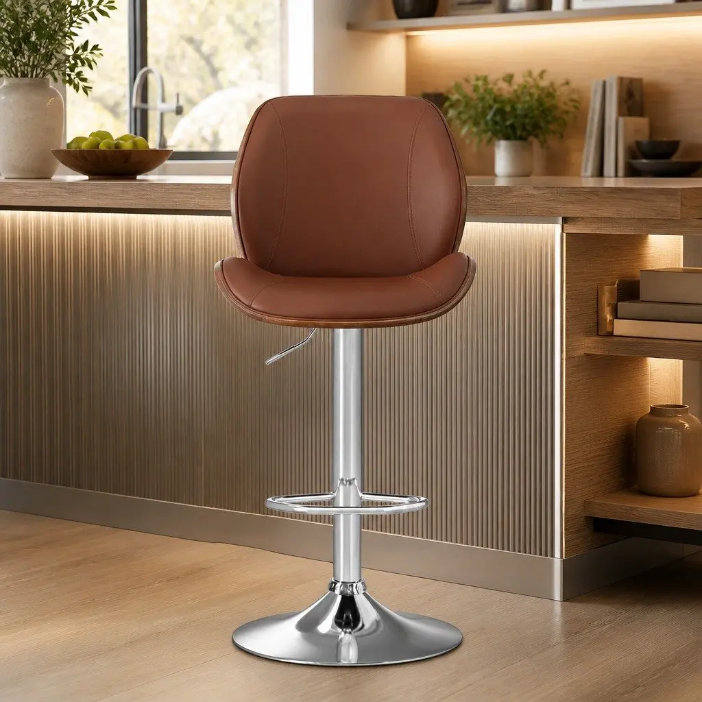 Bar Stools Bentwood Adjustable Height Brown PU Leather Set of 4