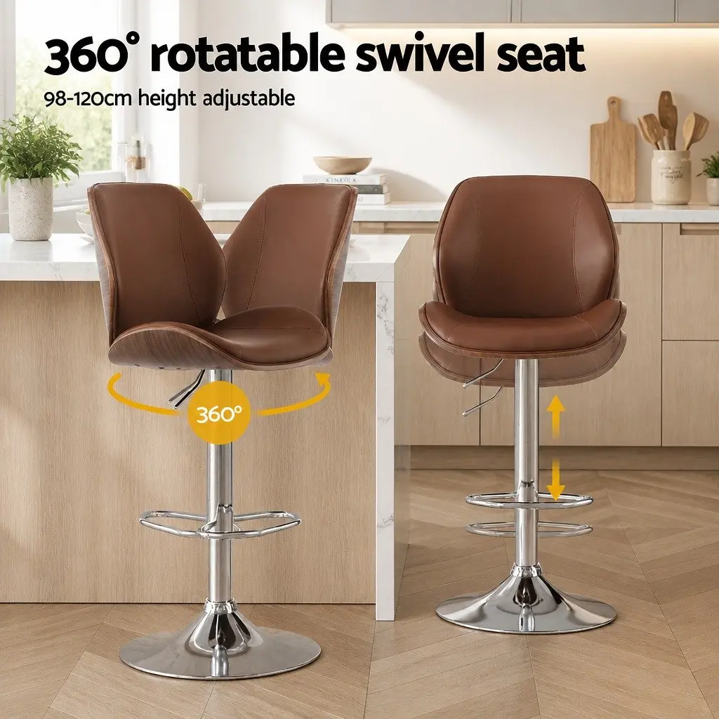 Bar Stools Bentwood Adjustable Height Brown PU Leather Set of 4