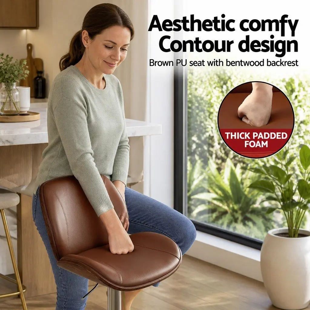 Bar Stools Bentwood Adjustable Height Brown PU Leather Set of 4