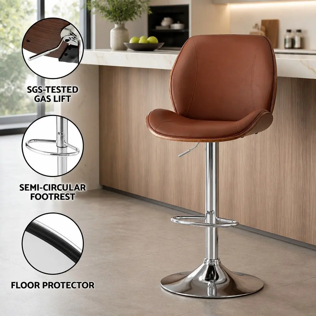 Bar Stools Bentwood Adjustable Height Brown PU Leather Set of 4