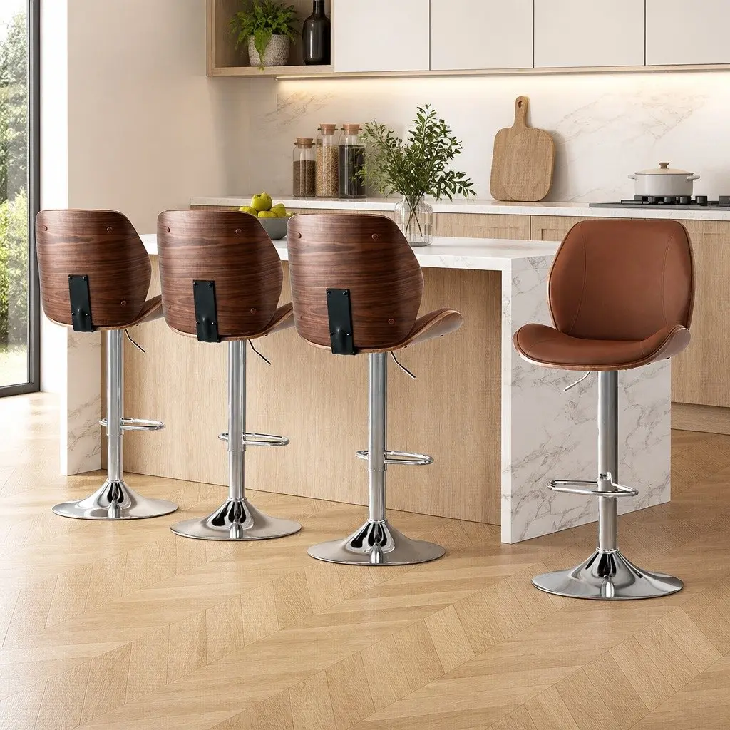 Bar Stools Bentwood Adjustable Height Brown PU Leather Set of 4