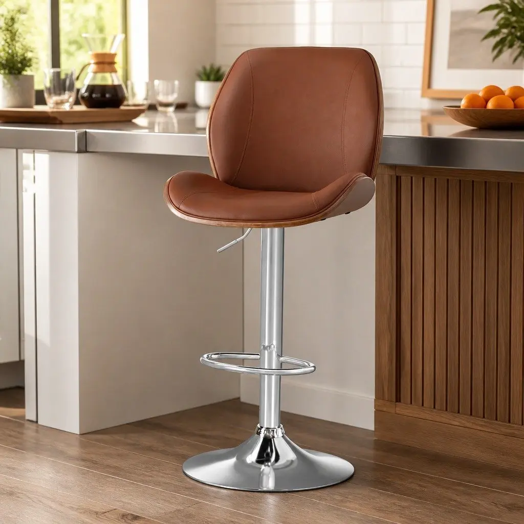 Bentwood Bar Stool with Adjustable Height in Brown Leather