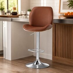 Bentwood Bar Stool with Adjustable Height in Brown Leather