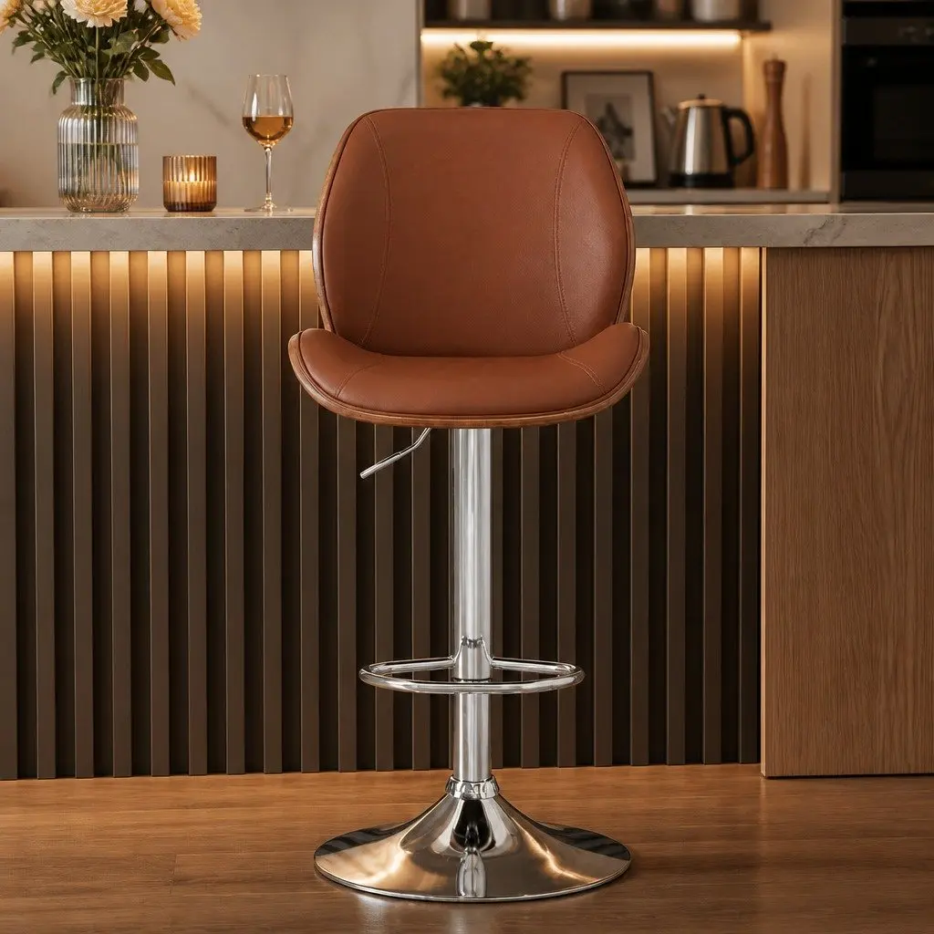 Bentwood Bar Stool with Adjustable Height in Brown Leather
