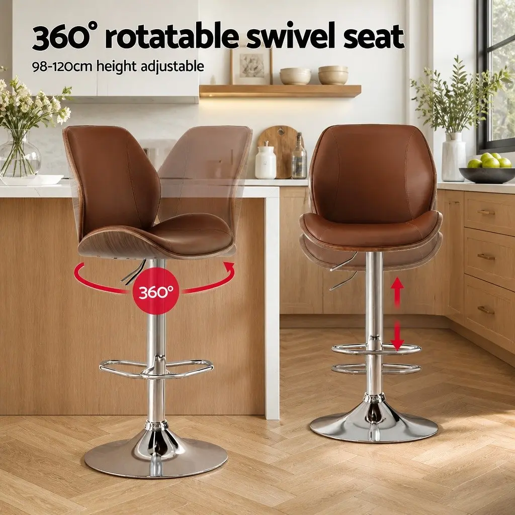 Bentwood Bar Stool with Adjustable Height in Brown Leather