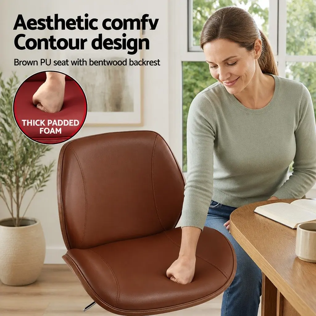Bentwood Bar Stool with Adjustable Height in Brown Leather
