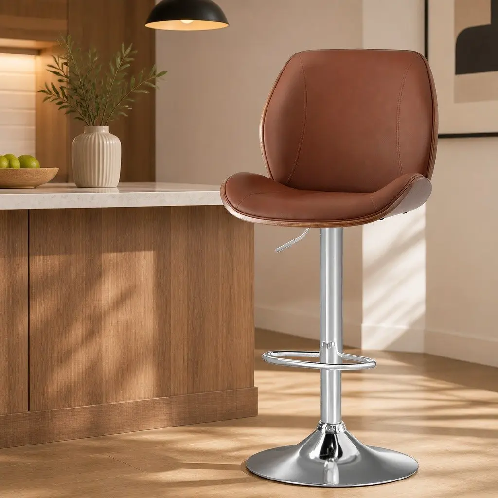 Bentwood Bar Stool with Adjustable Height in Brown Leather