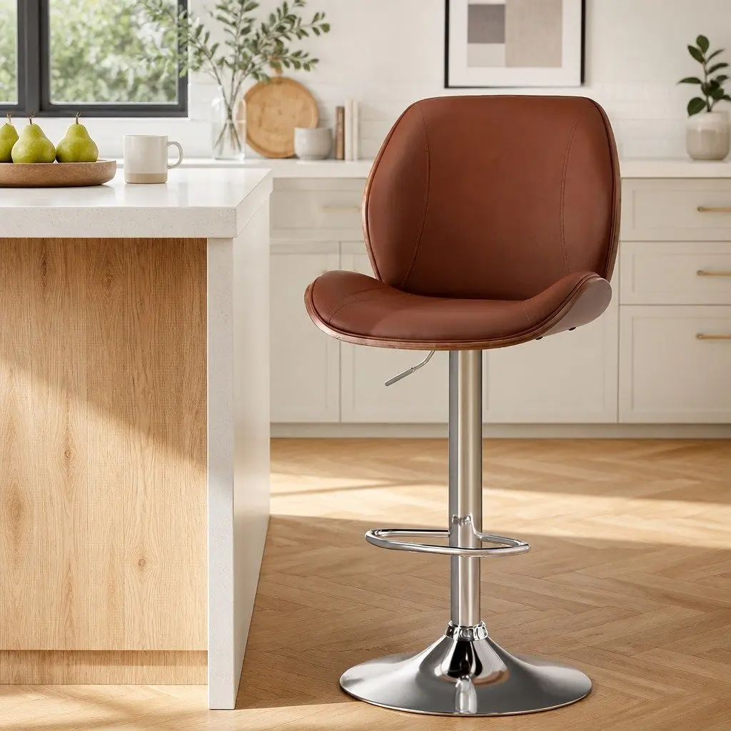 Bentwood Bar Stool with Adjustable Height in Brown Leather