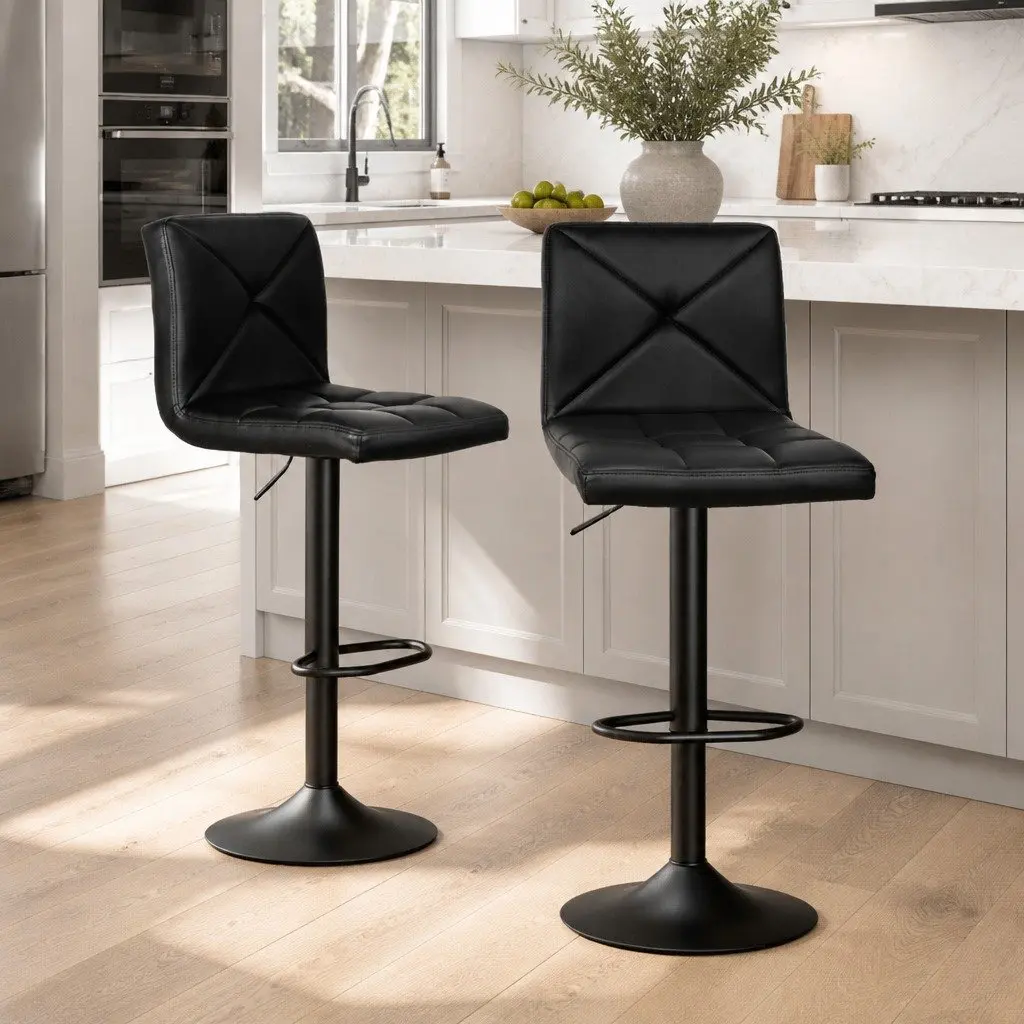 Bar Stools Swivel Seat Black PU Leather 2 Piece Set