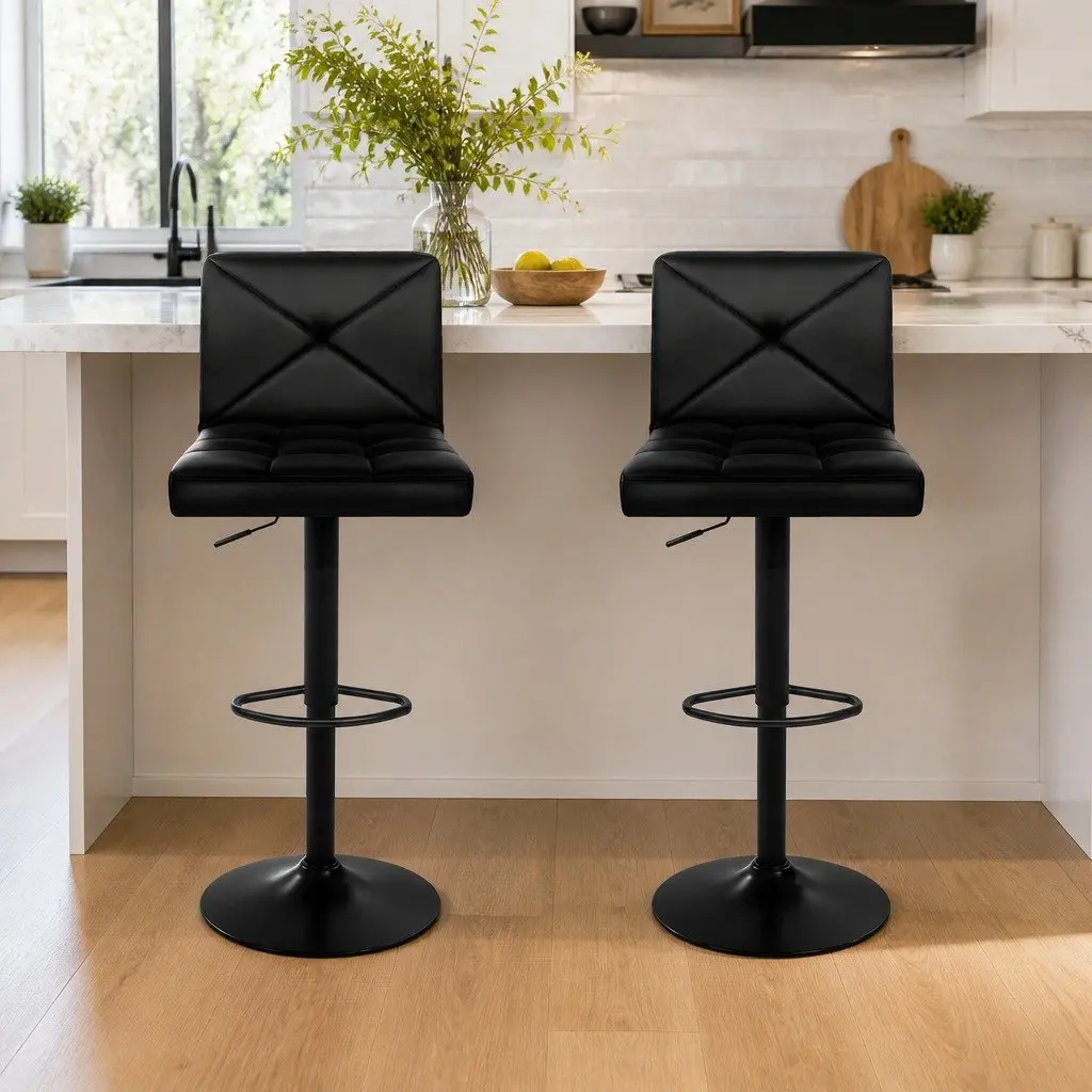 Bar Stools Swivel Seat Black PU Leather 2 Piece Set