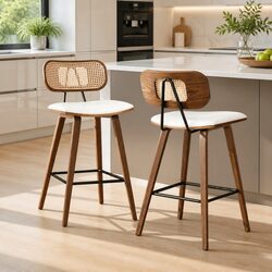 Set of 2 Beige Kitchen Counter Bar Stools with Rattan