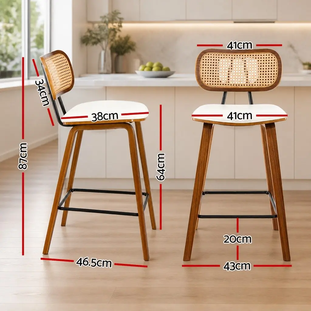 Set of 2 Beige Kitchen Counter Bar Stools with Rattan