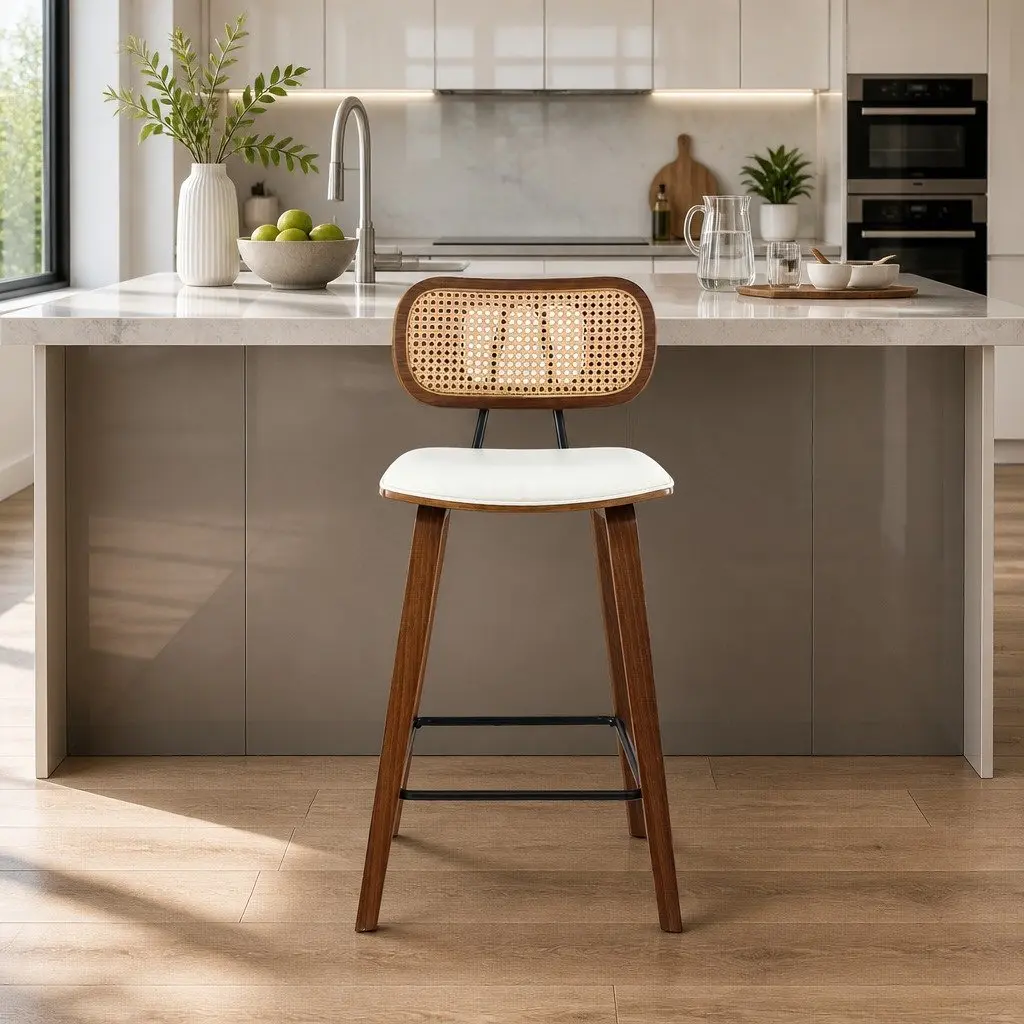 Set of 2 Beige Kitchen Counter Bar Stools with Rattan