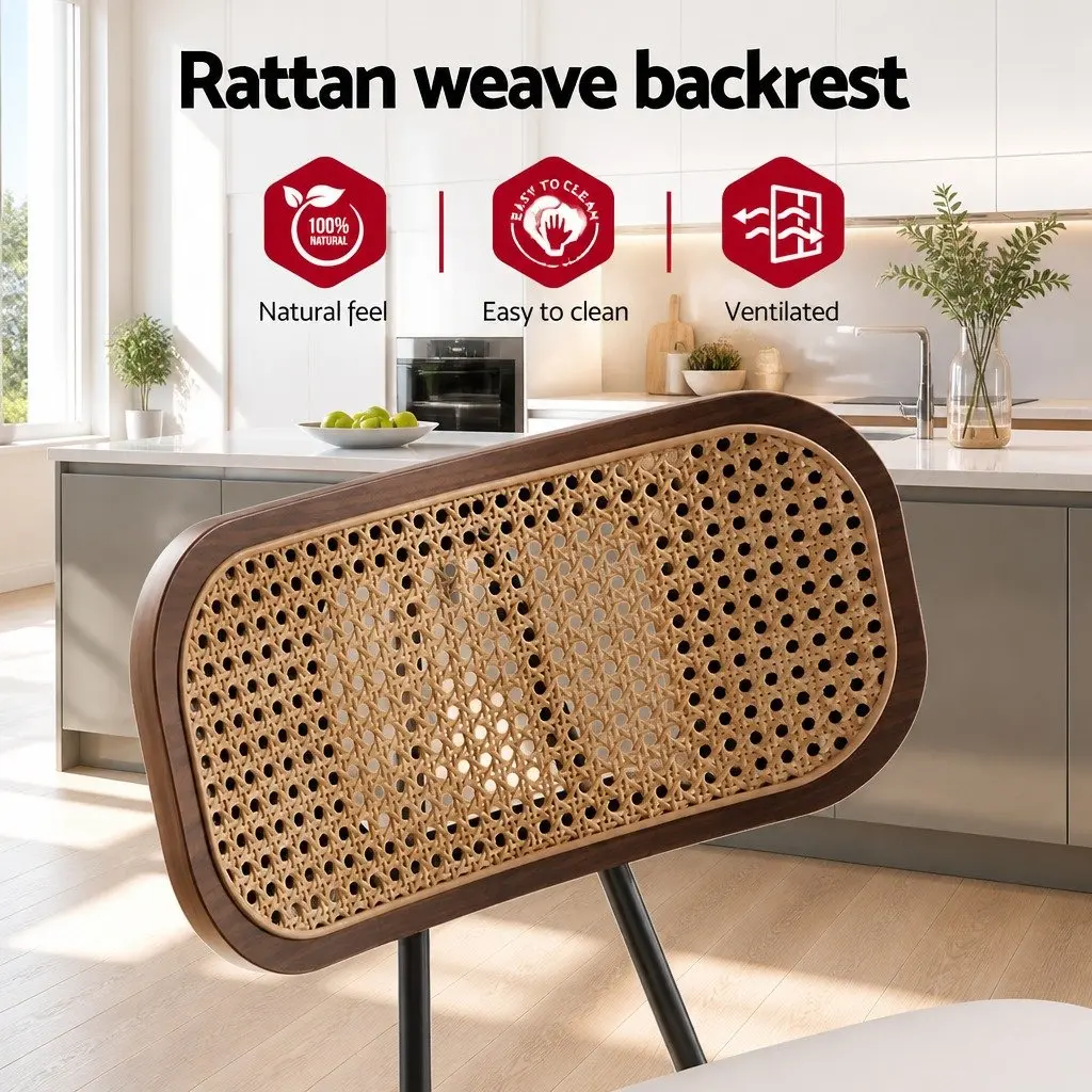 Set of 2 Beige Kitchen Counter Bar Stools with Rattan