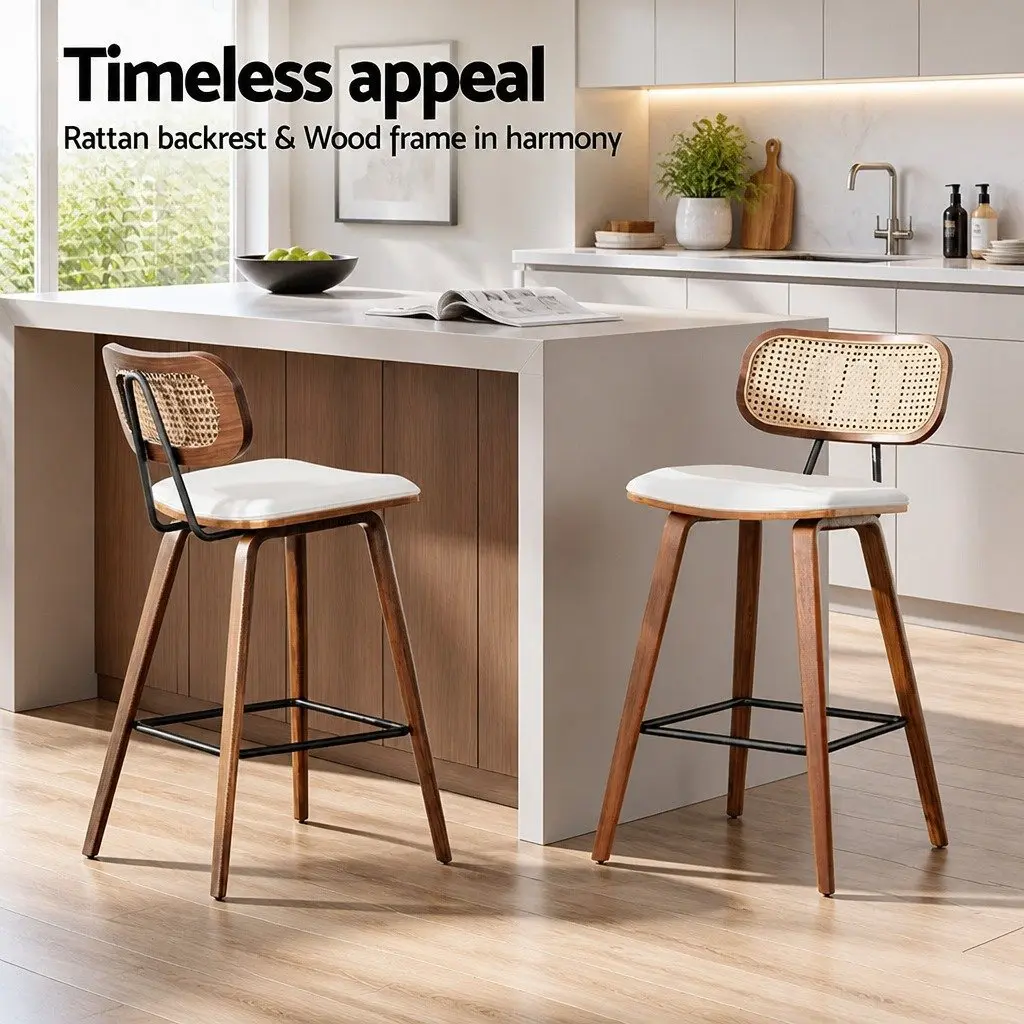 Set of 2 Beige Kitchen Counter Bar Stools with Rattan
