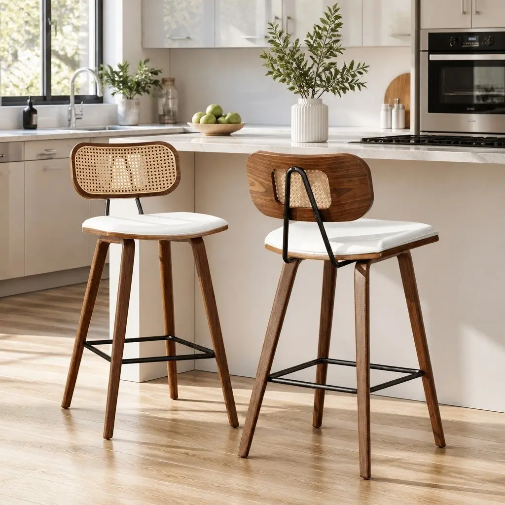 Set of 2 Beige Kitchen Counter Bar Stools with Rattan