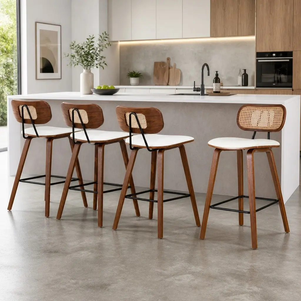 Bar Stools Set of 4 Kitchen Counter Dining Chairs PU Leather Seat Rattan