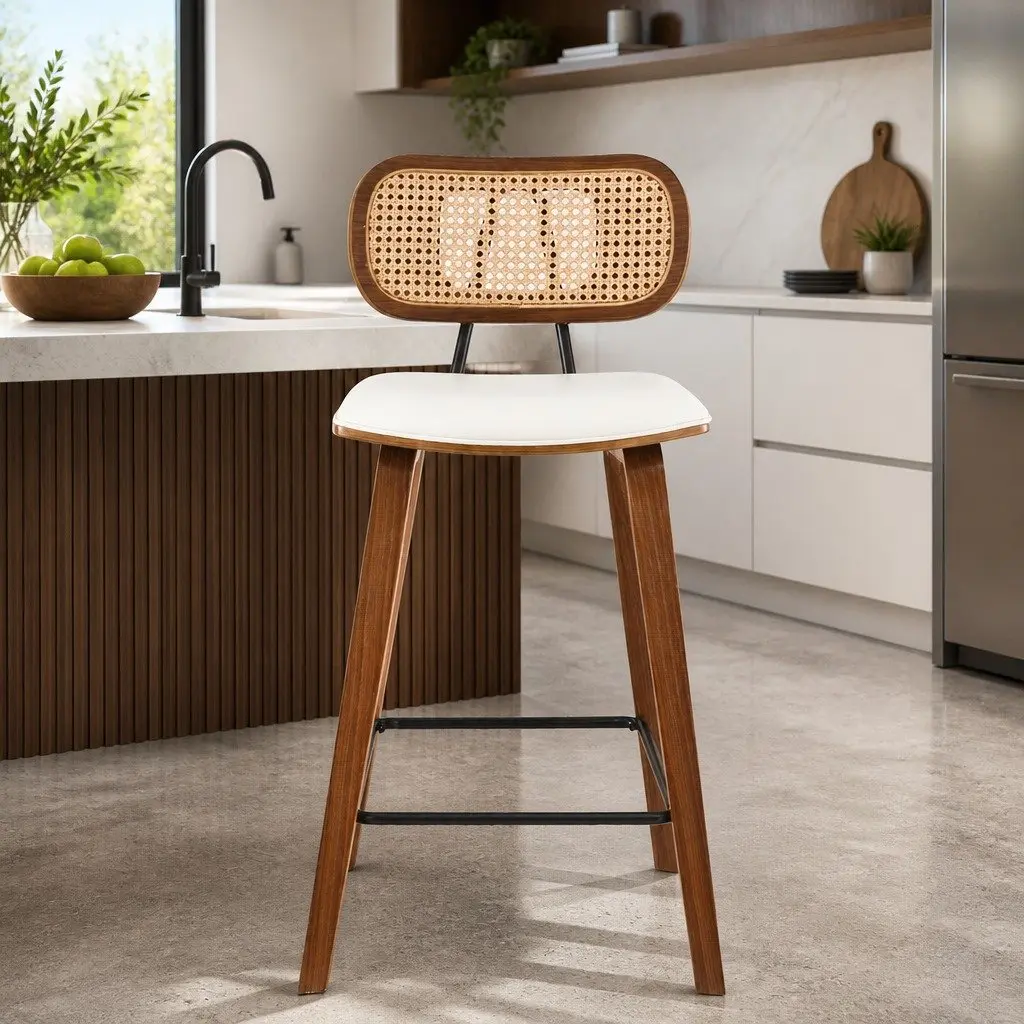 Bar Stools Set of 4 Kitchen Counter Dining Chairs PU Leather Seat Rattan