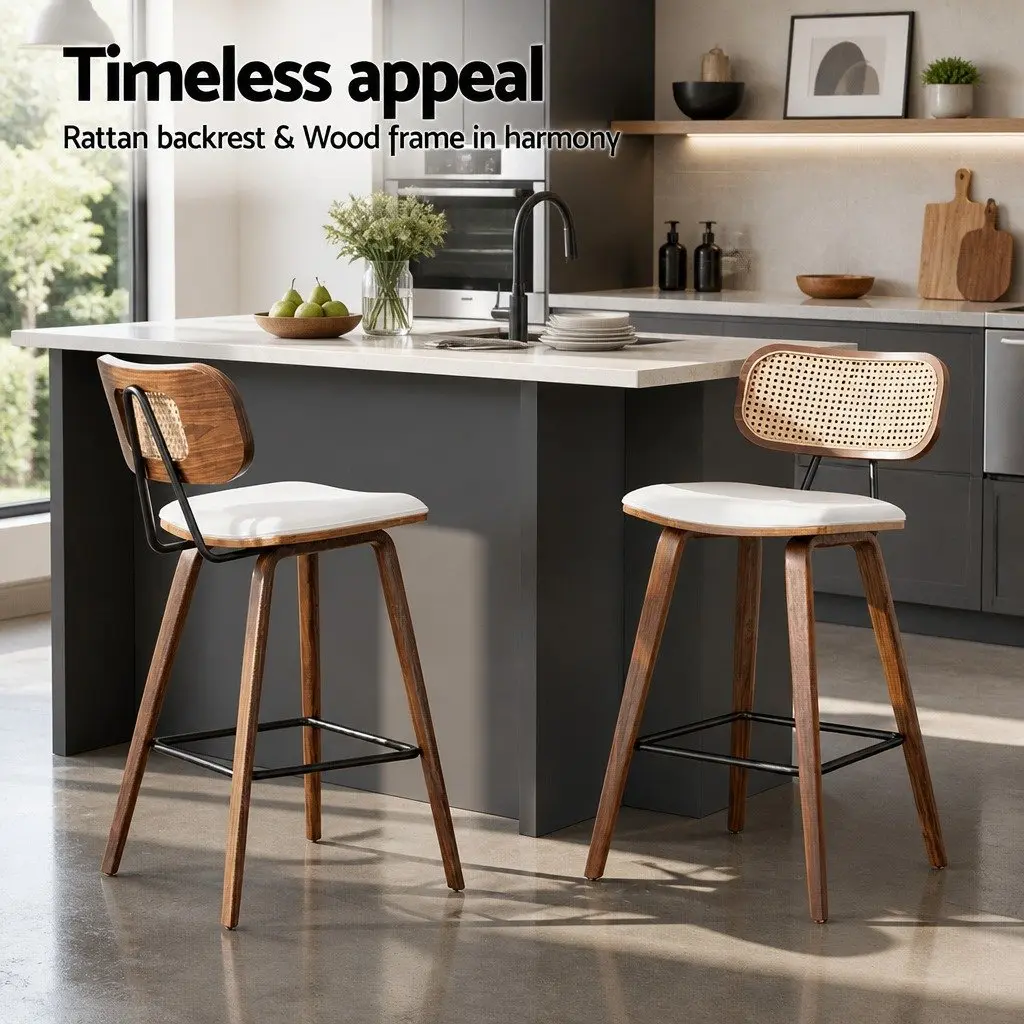 Bar Stools Set of 4 Kitchen Counter Dining Chairs PU Leather Seat Rattan