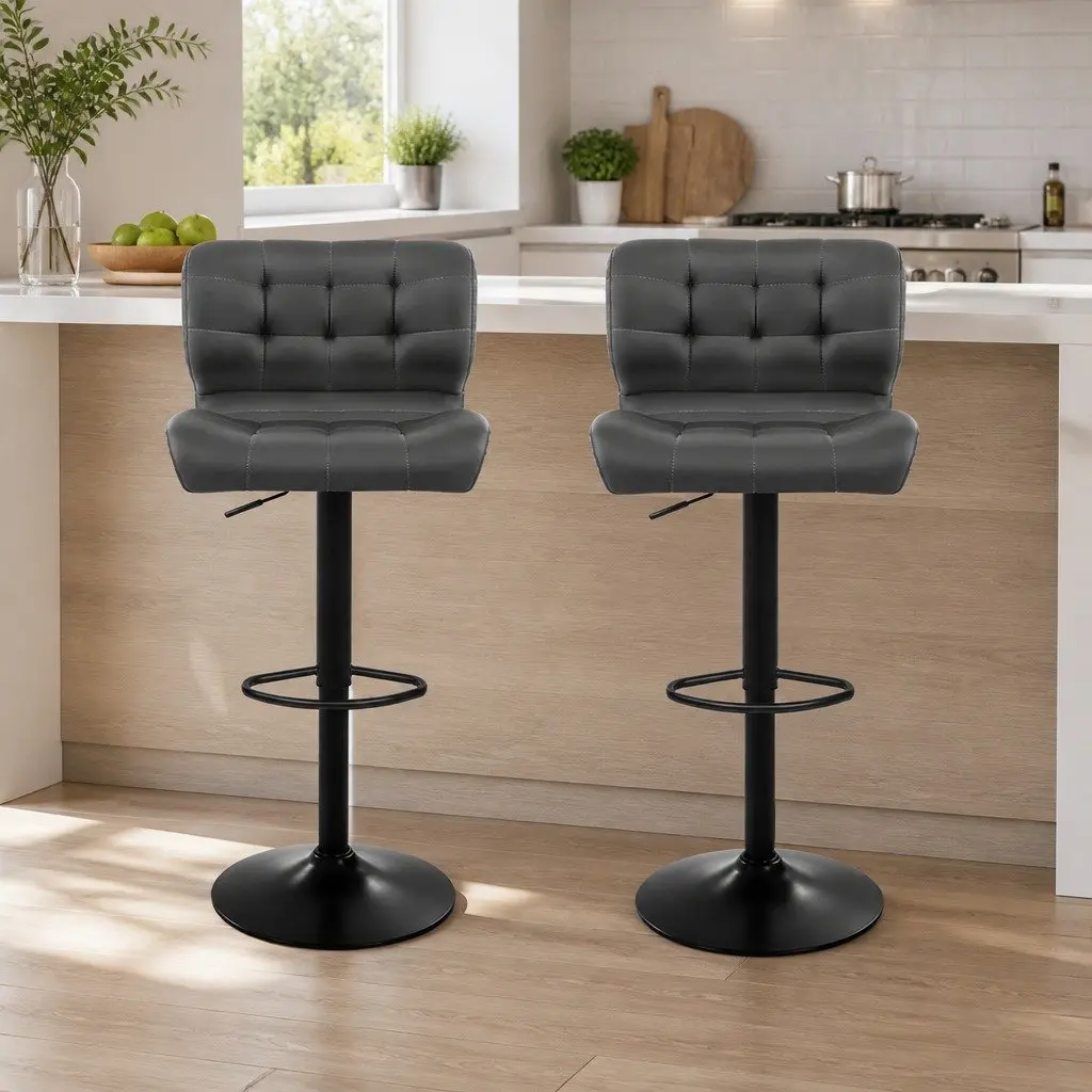 Bar Stools Gas Lift Swivel Chair PU Leather Padded Seat Chrome Base Grey 2 Pack